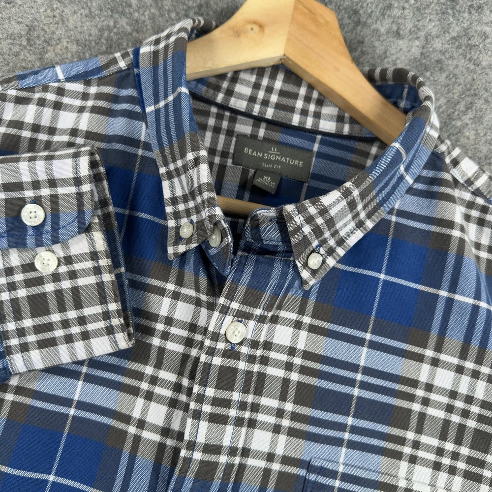LL Bean Signature Shirt Mens XL Blue Plaid 100% Cotton Long Sleeve Button Down